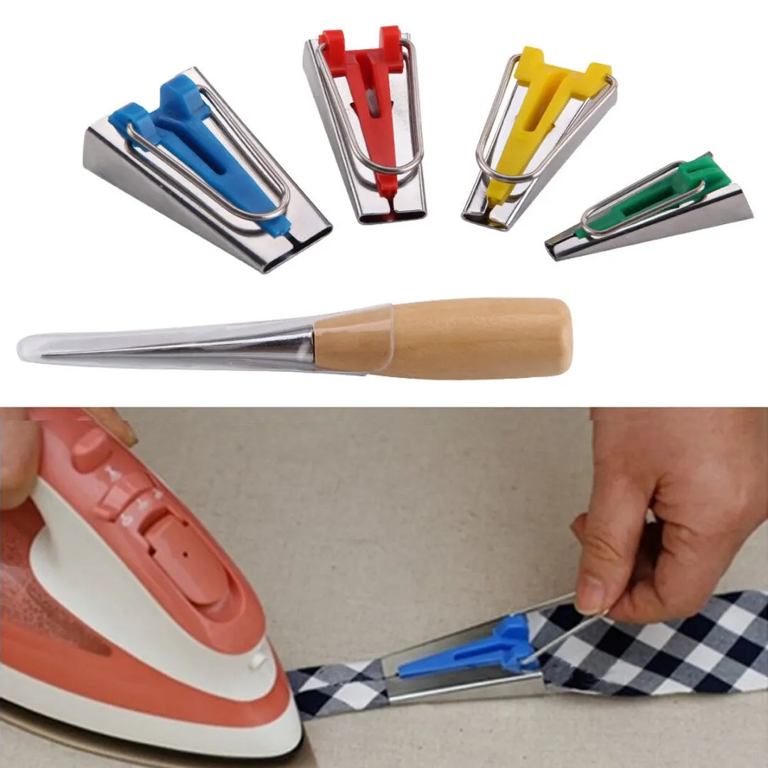 4pcs 6/12/18/25mm Fabric Bias Tape Maker Binding Tool Quilting Sewing + Awl