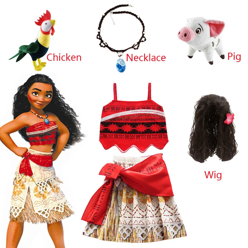 Kids Girls Clothes Cosplay Princess Dress Moana Children Vaiana Girls Party Costume Dresses with Necklace Pet Pig Chick Girl Set 1