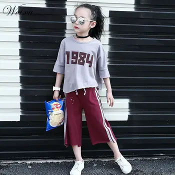 

Weixu Kids Girl Summer Outfits Clothing Set Children Cotton Half Sleeve T-shirt +Cropped Pants Tracksuit Clothes Girls 8 10 Year