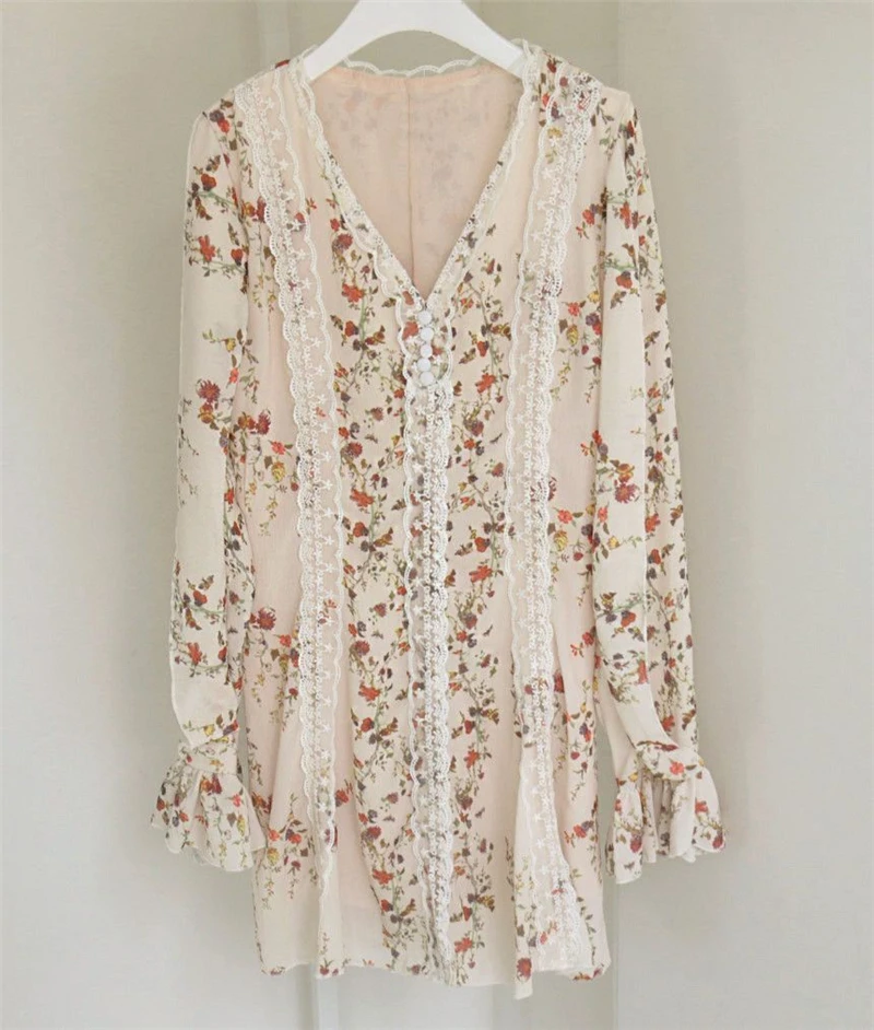 Lace Chiffon Mini Dress Women New Arrivals V-neck Lace Up Slim-fit Floral Print Flared Sleeve Dresses Sweet Sexy Female Spring A