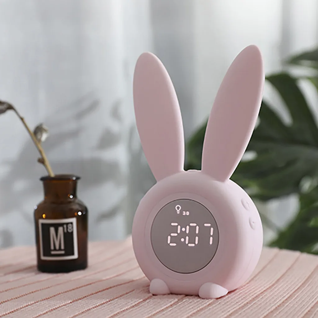 Светодиодный цифровой будильник с заячьими ушками, электронный светодиодный дисплей, звуковой контроль, милый кролик, ночная лампа, настольные часы для украшения дома
