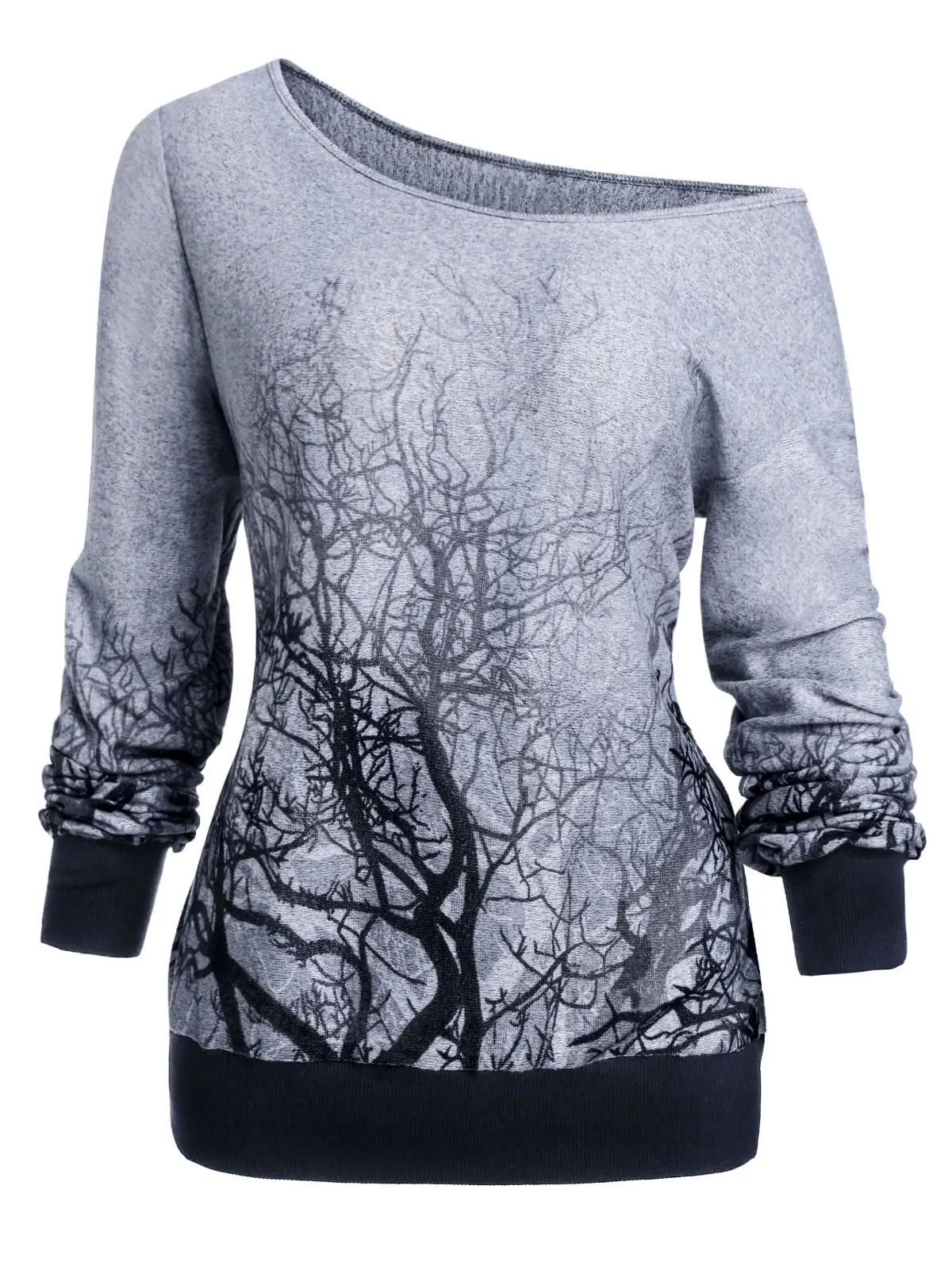 

Wipalo Plus Size 3XL Spring Fall Knitting Gothic Hoodies Women Long Sleeve Skew Neck 3D Tree Print Sweatshirt Female Shirt