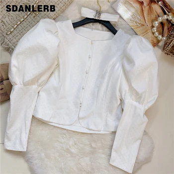 

2020 Spring Blouse Women Short Shirt with Butterfly Collar Polka Dot Mesh Double-Layer Fabric Puff Sleeve Top Lady Crop Top