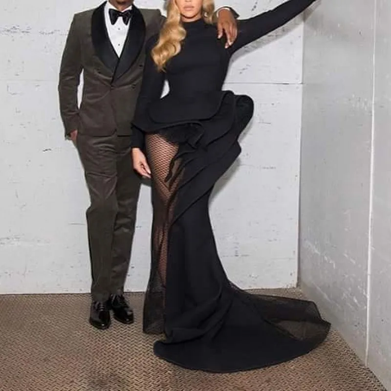 

Sexy Black See Thru Mermaid Evening Dresses Full Sleeves Ruffles Tutu Trumpet Prom Gowns Abendkleider Elastic Fabric Party Dress