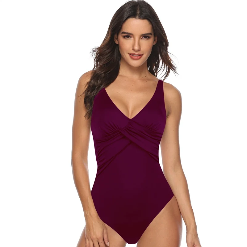 TYAKKVE 2020 Sexy Blue Red One-Piece Swimsuit Women Solid Push Up Bathing Suits Plus Size Beach Tummy Control Monokini Swimwear