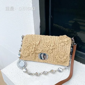 

2020Summer New Fashion Crystal Diamonds Chain Woven Rattan Square Shoulder Bag Crossbody Bag Female Luxury Handbags Women Totes