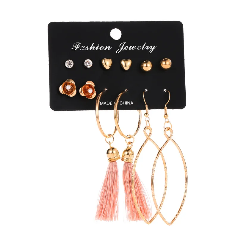 

New Delicate 6 Piece Combination Set For Love Rose Tassel Long Dangle Earrings Women Boho Earing Decoration Jewelry