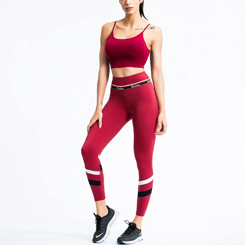 Top and Pants Women Yoga Sets Fitness High Waist Striped Gym Clothes Sports Running Suit Clothing Wear Red Black Sportwear