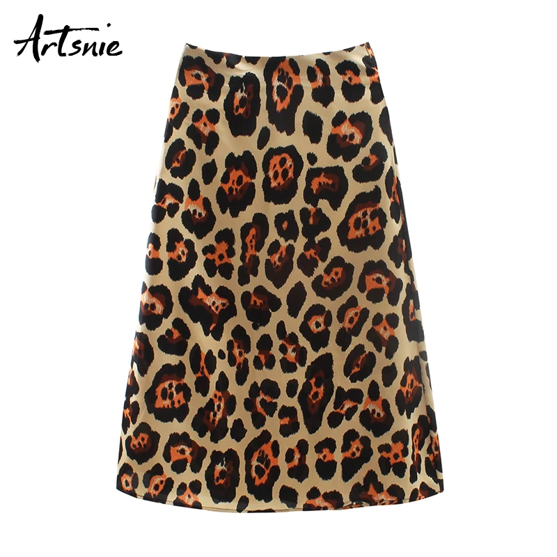 

Artsnie streetwear leopard maxi long skirt women autumn 2019 high waist vintage casual angle length A Line skirts femme jupe