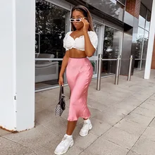 BKLD высокая талия сексуальные боковые юбки средней длины с разрезом женские атласные шелковые повседневные однотонные осенние шикарные стильные юбки модные юбки до колен