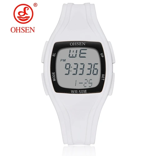 WHITE Watch Топ Ohsen для женщин леди водонепроницаемый спортивные цифровые наручные часы черный силиконовый ремешок Мода электронный будильник relogio feminino - Цвет: WHITE Watch