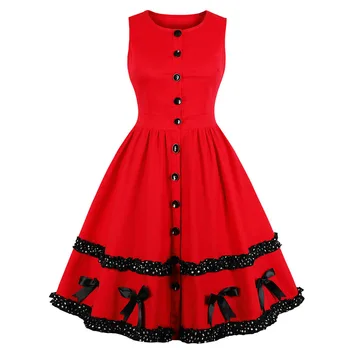 

Hepburn Vintage Women Dress Solid Round Collar Sleeveless Pin Up Vestidos Buttons Wave Point Bowknot Swing Party Dresses