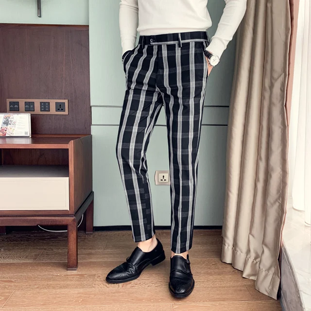 Черные, серые, зеленые клетчатые брюки для мужчин Slim Fit мужской костюм в полоску брюки Роскошные длиной до щиколотки Мужские модельные брюки формальные деловые P14 - Цвет: Черный