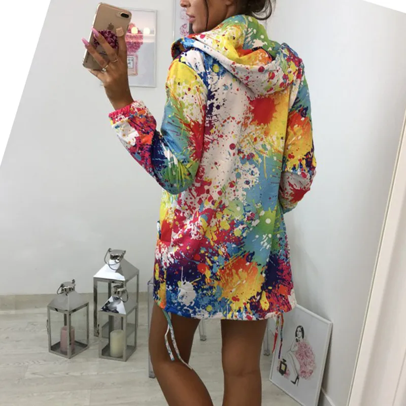Oufisun Демисезонный тонкий Для женщин куртка 2019 Повседневное многоцветной печати с капюшоном Топы; пальто Модные карман на молнии Женская