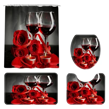 

4pcs With Rugs Mildew Resistant Waterproof Bathroom Decor Shower Curtain Set Home Romantic Polyester Non Slip Bath Mat Gift