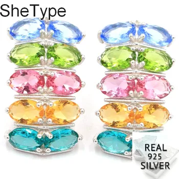

23x13mm 5.57g Real Blue Sapphire Created Aquamarine Citrine Peridot Tourmaline 925 Solid Sterling Silver Earrings