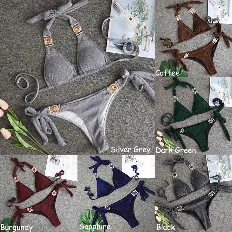 

2020 Women Rhinestone Bikini Shiny Swimsuit Halter Bikinis Crystal Diamond Bikini Set Swimwear Female Bandeau Swimming Suit