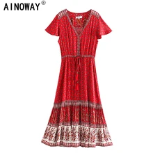 Винтажное шикарное женское Красное пляжное богемное Платье макси с цветочным принтом, женское платье с v-образным вырезом, плиссированное платье в стиле бохо, vestidos