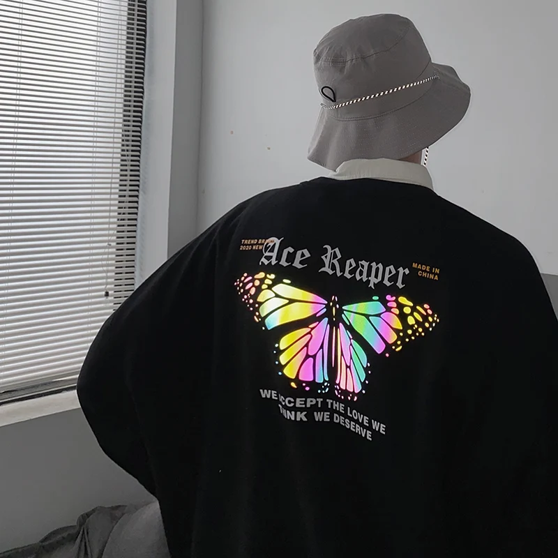 

Mens Reflective Butterfly Pattern Casual Sweatshirts and Loose Crewneck Pullovers Plus Size Streetwear for Men Harajuku Clothing