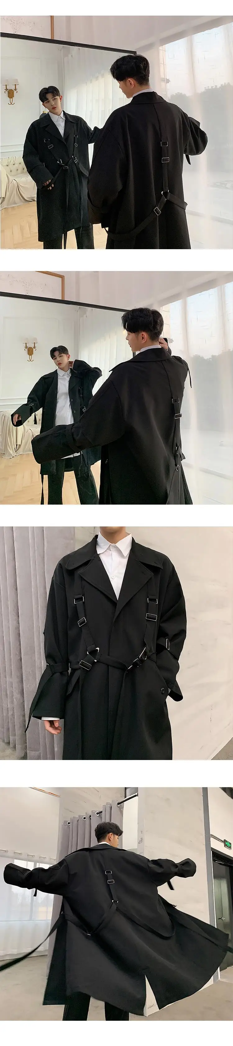 Длинный мужской Тренч с несколькими лентами, уличные модные пальто, уличная верхняя одежда, повседневная ветровка, мужские высококачественные черные пальто