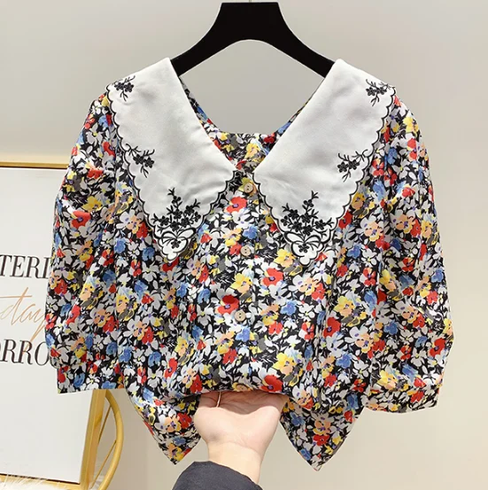 

2020 Summer Shirt Women's All-match Doll Neck Blouses Korean-Style Short Sleeve Embroidered Blouse Lady's Tops Blusas Mujer