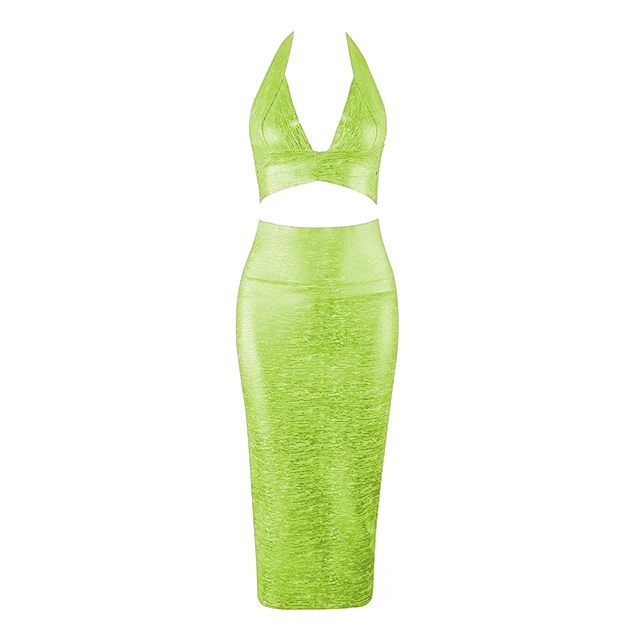 Новинка, модный осенний сексуальный комплект из 2 предметов: платье с v-образным вырезом и высокой талией, рождественское платье, вечерние платья знаменитостей - Цвет: Fluorescent green