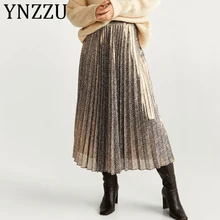 YNZZU, металлическая, шикарная, весна-лето, Женская сатиновая плиссированная юбка с высокой талией, длинная юбка, роскошная, для девушек, юбки на молнии, AB283