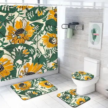 

Sunflower painting patterns bathroom sets with Waterproof Polyester Shower Curtain flannel floor mat toilet cover U-shaped pad