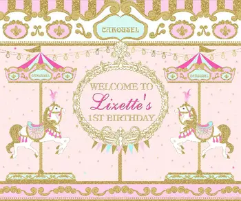 

7x5FT Welcome to Birthday Gold Pink Carousel Party Carrousel Horse Custom Photo Studio Backdrop Background Vinyl 220cm X 150cm