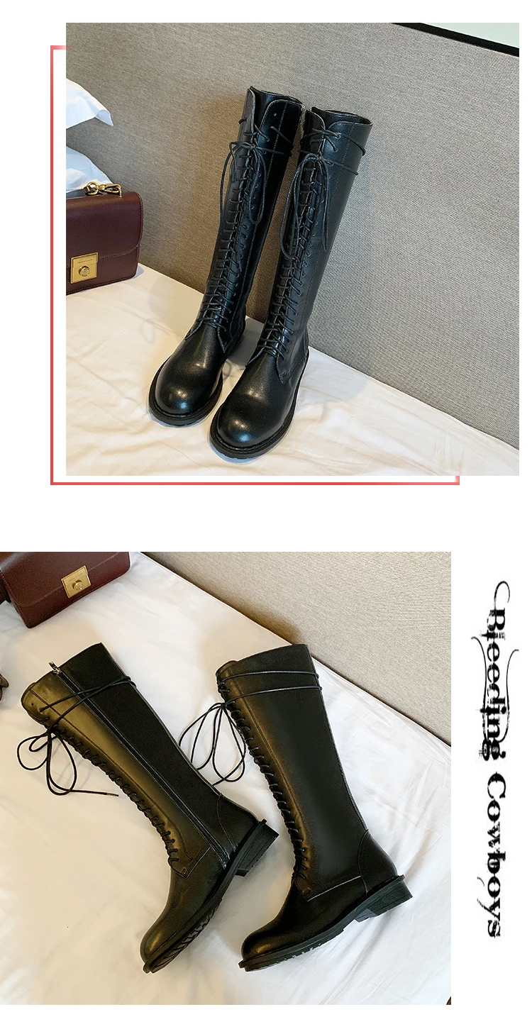 Autumn Explosions Sexy Lace Up Knee High Boots Women Chunky Shoes Woman Leather Long Boots Botas Winter Thigh High Boots