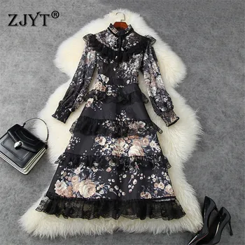 

2020 New Woman Clothes Long Sleeve Ruffle Lace Patchwork Floral Print Vintage Party Dresses Runway Autumn Fashion Vestidos