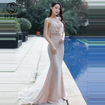 

Skyyue Train Evening Dress Sleeveless Backless Women Party Dress 2020 H123 Floor Length Robe De Soiree Sexy Mermaid Formal Gown