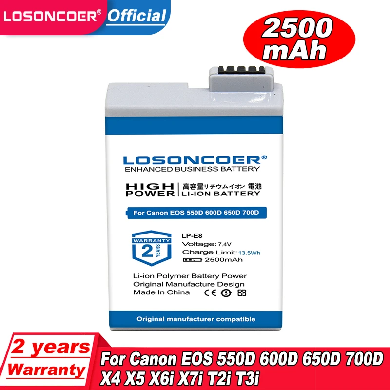 LOSONCOER Батарея 2500 мА/ч LP-E8 LPE8 для цифровой однообъективной зеркальной камеры Canon EOS