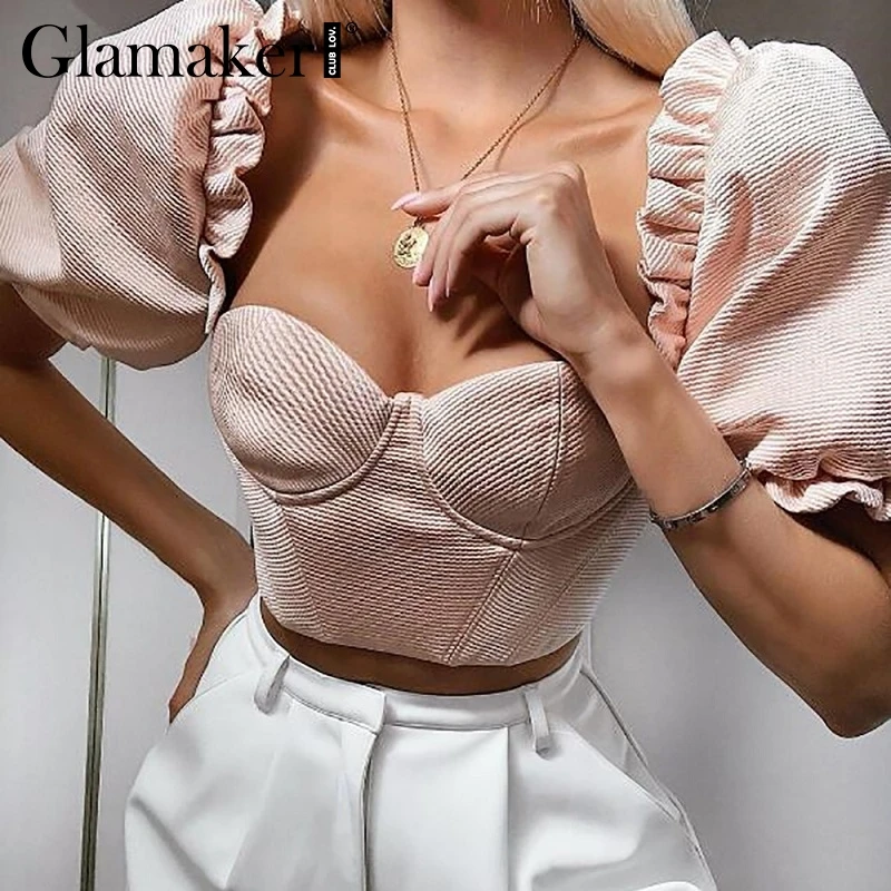 Glamaker сексуальные кружевные буфы на рукавах camis топы на бретелях женские с открытыми плечами уличная летняя обрезанный женский топ элегантные вечерние укороченные топы