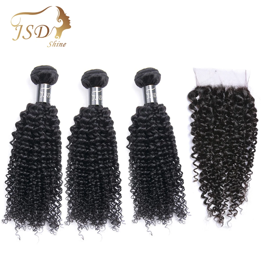 JSDShine человеческие волосы 4 пучка с закрытием бразильские кудрявые вьющиеся волосы плетение пучки с закрытием шнурка не remy волосы для наращивания