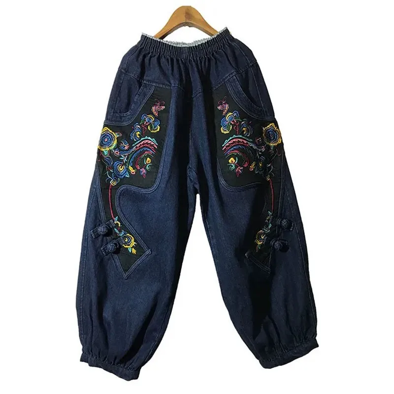 

Embroidery Arts Folk-custom Jeans Womens Vintage High Waist Harlan Pant 2021 New Autumn Casual Denim Pants