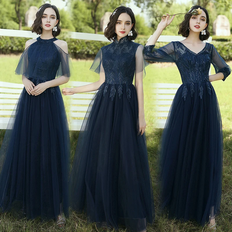 Navy Blue Formal Dress For Wedding CR519 V-Neck Three Quarter Sleeve Party Dresses Sequin Embroidery Maid Of Honor Gowns | Свадьбы и