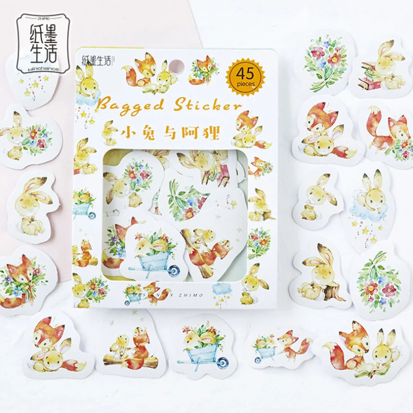 Rabbit and Fox 45 шт. мультяшная мини-наклейка на упаковке Memo sticker s Pack Kawaii планировщик для скрапбукинга s Escolar школьные принадлежности - Цвет: Rabbit and Fox