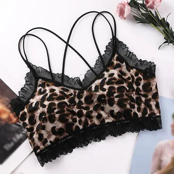 

Women Leopard Print Seamless Bra Sexy Thin Cross Straps Lace Vest Ice Silk Beautiful Back Comfortable Sleeping Underwear