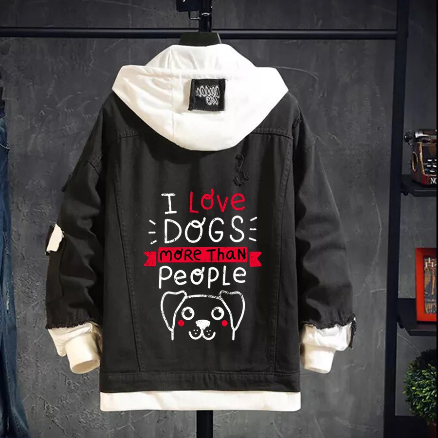 Jean Jackets I Love Dogs More Than People Denim Jacket Men Hip Hop Vintage Autumn Korean Couple Clothes Streetwear Jeans Coat | Мужская