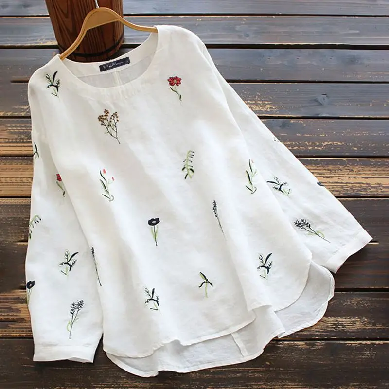 Elegant Embroidery Tops Women's Floral Blouse ZANZEA 2023 Casual Long Sleeve Blusas Female Cotton O Neck Shirts Tunic