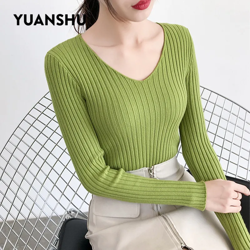 YUANSHU Spring Soft Sweater Women Jumper V Neck Slim Elasticity Knitted Pullover Female Long Sleeve Autumn Basic Knitwear Tops