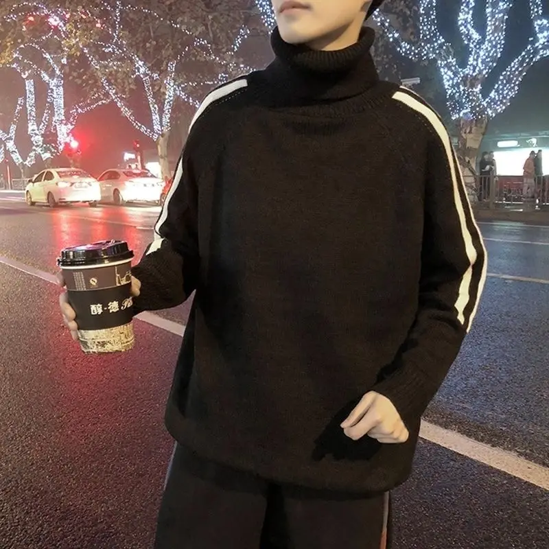 Свитер с высоким воротом мужской Полосатый Простой размера плюс 3XL свободный Harajuku корейский шик Ulzzang мужской вязаный Топ Повседневный мягкий теплый зимний