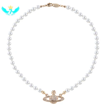 

Artificial Pearl Necklace Ladies' Wedding Bridal Jewelry Crystals Gold Plated Saturn Pendant Collar Necklace TOA