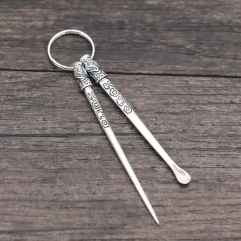 

S990 Silver Ear Pick Carved Lotus Cloud Toothpick Pendant