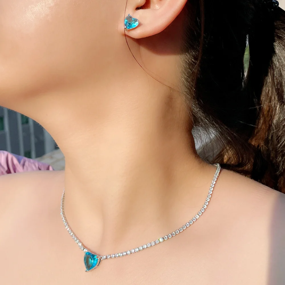 CWWZircons Shiny Cubic Zirconia Light Blue Heart Shape Tennis