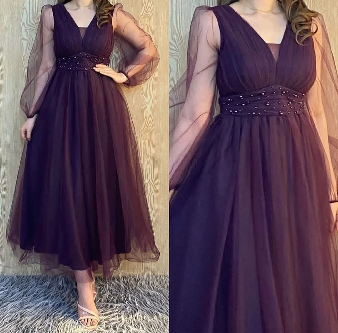 

Elegant Short Pleated Purple V-Neck Evening Dresses Long Sleeve Beaded Zipper Back Tulle Abendkleider Robes de Soirée for Women
