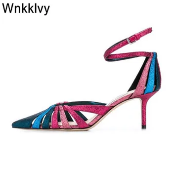 

Pointed Toe sandals for women ankle straps high heels women 2020 patchwork rainbow color glittery sexy hollow out fairy pumps