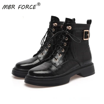 

MBR FORCE Fashion Autumn Winter High Quality Cowhide comfort ankle Boots lace up Round Toe Thick bottom Shoes for Ladies Woman