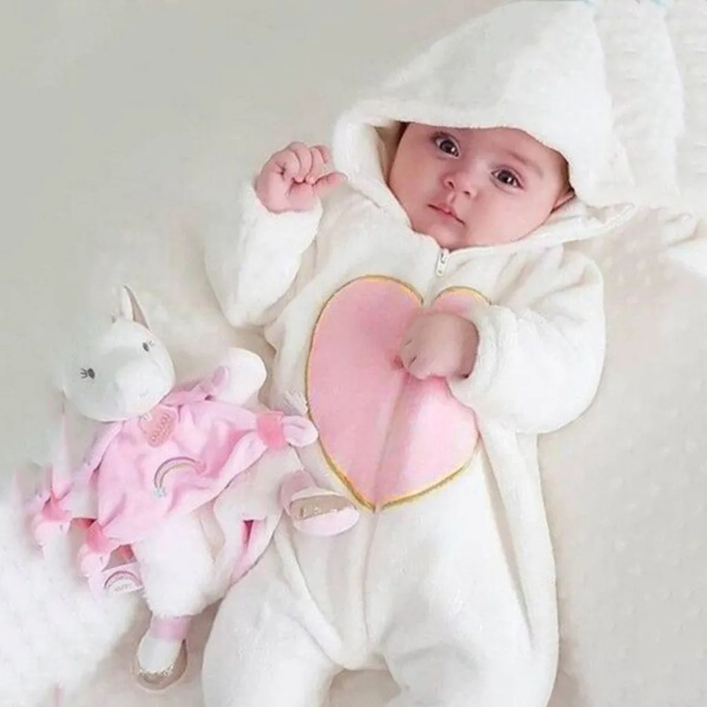 Newborn Infant Baby Cute Romper Girls Boys clothing Winter Warm Fleece Zipper Heart Hooded Romper Jumpsuit Outfits Baby Onesie